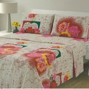 Floral Print Bed Sheets Set 4-pc Red Red & Pink Roses Queen & King Size